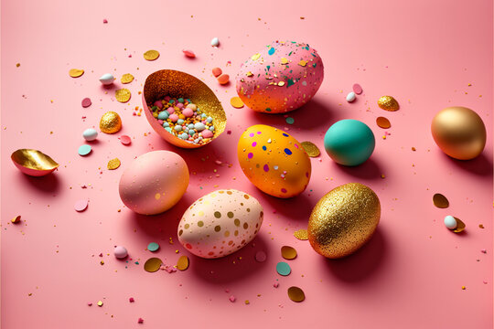 A group of colorful eggs on a pink surface with confetti around them and a gold egg on the right side of the image, and a pink background with confetti, Generative AI