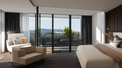 Fototapeta premium modern bedroom with view, Generative AI