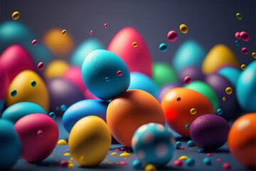 A pile of colorfully decorated eggs on a table with sprinkles on them and a black background with a black background with a black border and white border with a few smaller ones, Generative AI