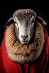 beautiful majestic sheep wearing a red wool jacket - AI generative technology