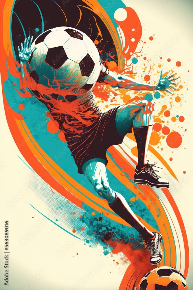 Poster a soccer player kicking a soccer ball with splashes of paint on it and a splash of water on the back