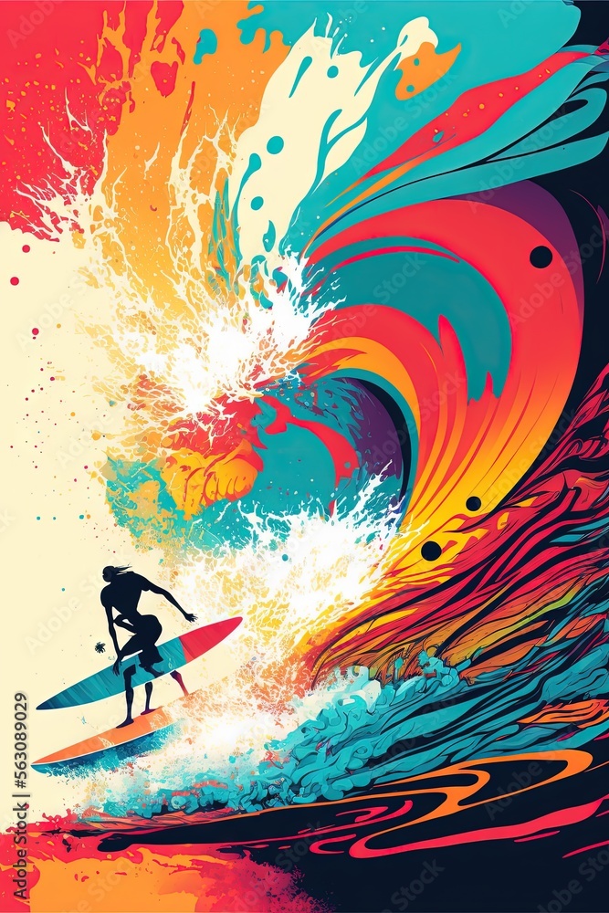 Poster a person riding a surfboard on a wave in the ocean with a colorful background of water and clouds, w