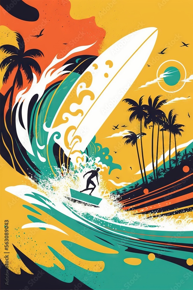 Poster a surfer riding a wave with palm trees in the background