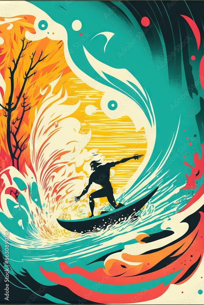 Poster a man riding a surfboard on top of a wave in the ocean with trees in the background and a sun in the