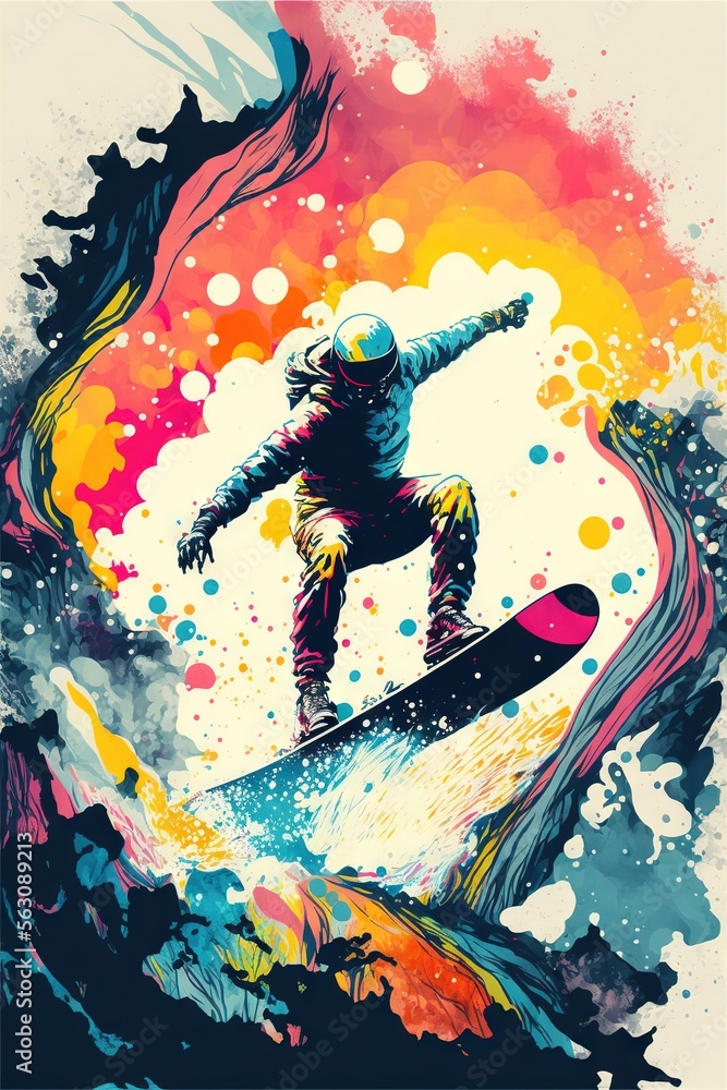 Poster a man riding a surfboard on top of a wave in the ocean with colorful paint splatters on it's walls a