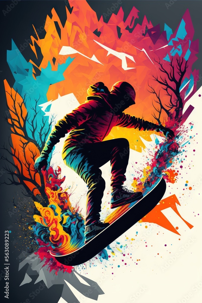 Poster a man riding a snowboard down a colorfully painted slope of snow covered ground with trees and birds
