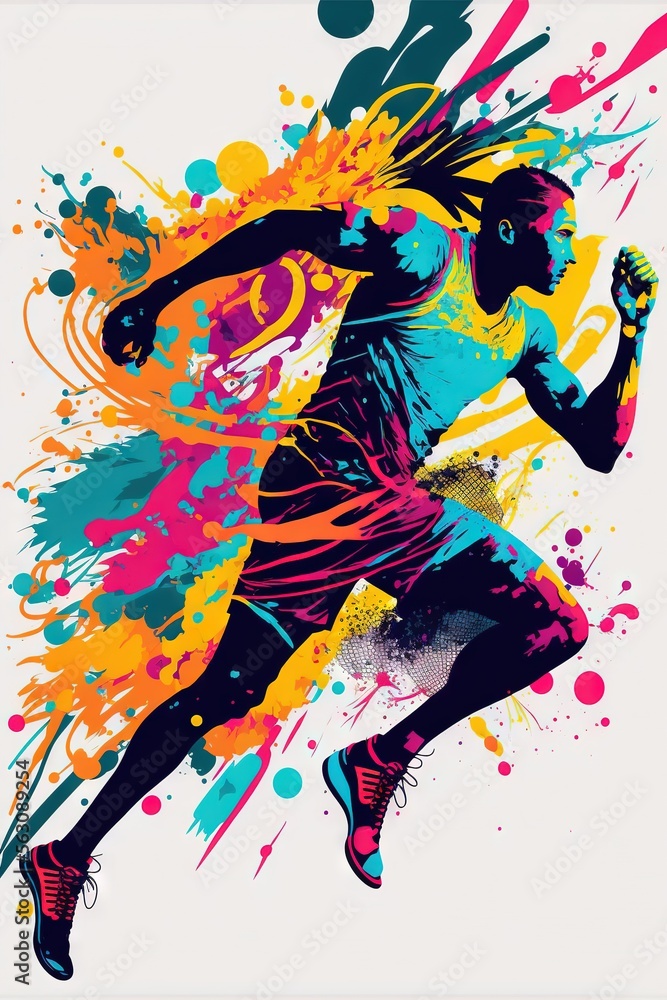 Poster a man running with colorful paint splatters on his body and feet, in a running pose, with a white ba