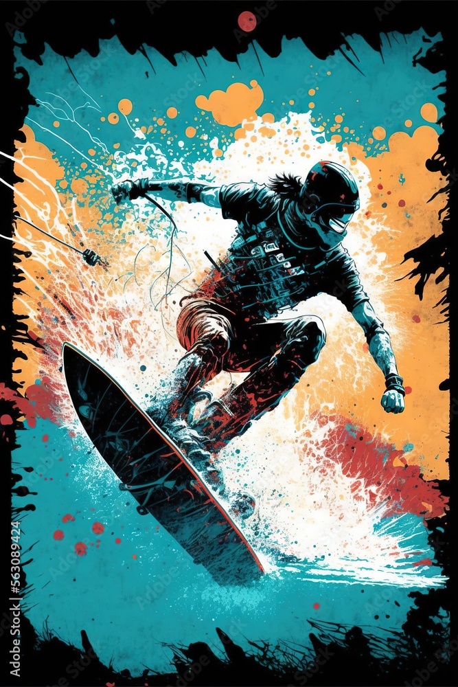 Poster a man riding a surfboard on top of a wave in the ocean with splashes of paint on it's walls and a bl