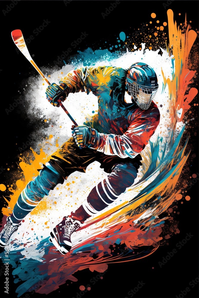 Poster a man in a colorful uniform is skiing on a black background with splashes of paint and a red and yel