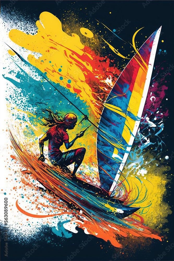 Poster a man riding a surfboard on top of a wave in the ocean with a colorful sailboard in the background o