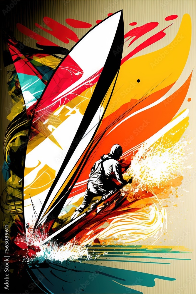 Poster a man riding a surfboard on top of a wave in the ocean with a colorful background of waves and a sai