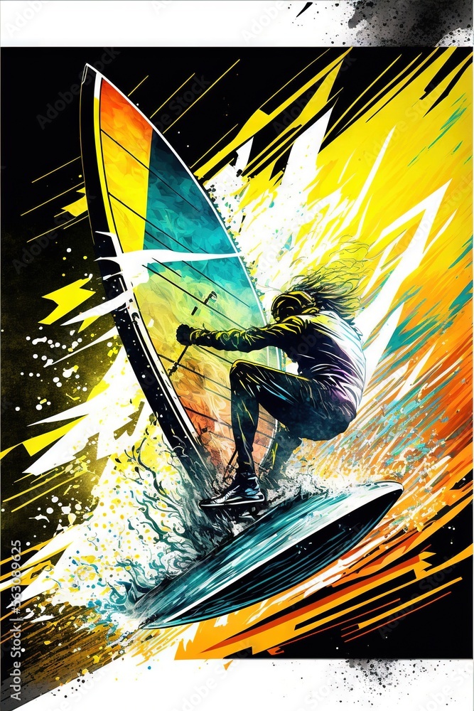 Poster a person riding a surfboard on a wave in the ocean with a colorful background and splashes of paint 