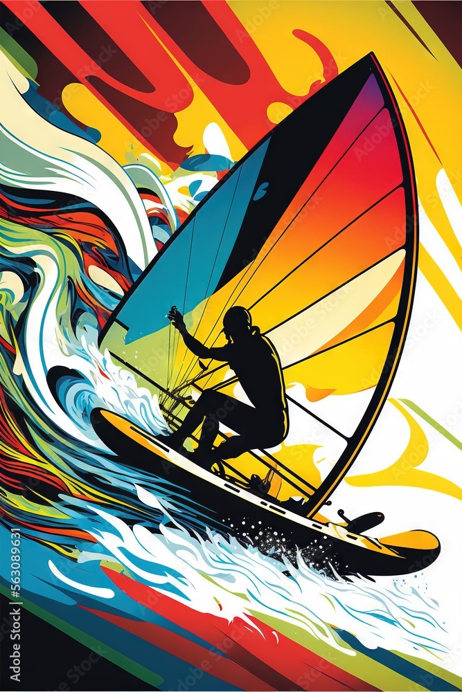 Poster a man riding a sail boat on top of a wave in the ocean with a sail on top of it and a sail on the ba