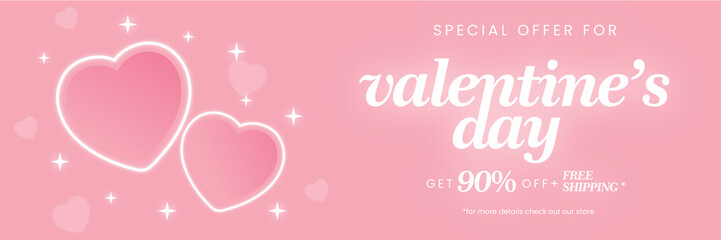 Cute pastel pink sales banner for Valentine's Day. Happy Valentine's Day Special Offer. 3d illustration. 90% OFF