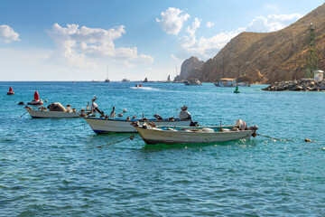 Fototapeta na wymiar Pelicans enjoy relaxing on fishing boats in the sun with the El Arco coastline behind at the port of Cabo San Lucas, Mexico.