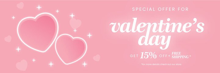 Cute pastel pink sales banner for Valentine's Day. Happy Valentine's Day Special Offer. 3d illustration. 15% OFF