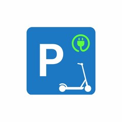 Blue electric scooter park area plate symbol with green plug sign and scooter icon