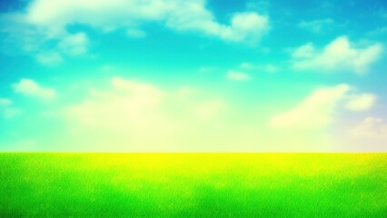 Fototapeta na wymiar Watercolor background of blue sky with white clouds and bright sunny green grass.