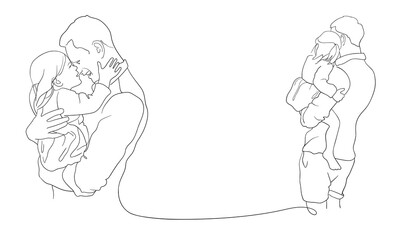 Continuous line drawing of father and his daughter on white background. Happy young father hugging his little daughter. Outline vector illustration