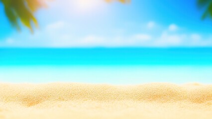 Fototapeta na wymiar Sunny tropical beach with palm leaves and a paradise island.
