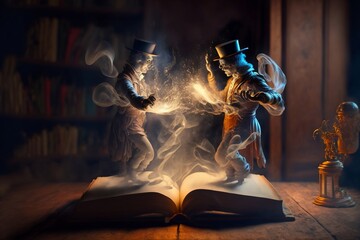deux magiciens se lancent des sorts sur les pages d'un livre ouvert, posé sur une table en bois - illustration ia - obrazy, fototapety, plakaty