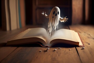 un petit fantôme sort des pages d'un livre posé sur une table en bois - illustration ia - obrazy, fototapety, plakaty