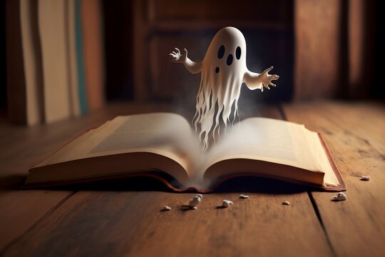 un petit fantôme sort des pages d'un livre posé sur une table en bois - illustration ia