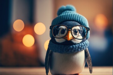  a penguin wearing glasses and a blue hat with a scarf around it's neck and a knitted cap on its head, with a pair of glasses on it's feet,. generative ai generative ai - obrazy, fototapety, plakaty