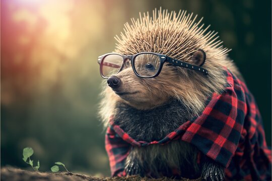  a hedgehog wearing glasses and a plaid shirt is sitting on a log and looking at the camera with a serious look on his face and a plaid shirt is on his head and neck. generative ai generative ai