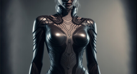 Futuristic battle tested cyborg female delicate curvaceous woman cyborg with almond shaped hazel .generative ai.