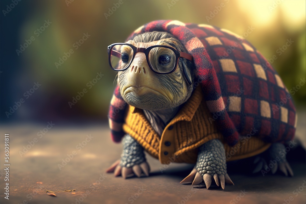 Poster a turtle wearing a sweater and glasses is sitting on the ground with a blanket on its head and a jac