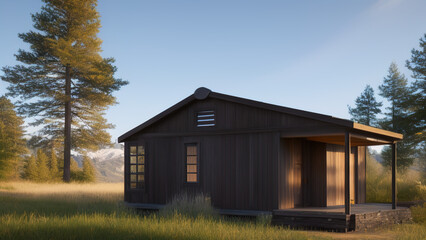 Fototapeta premium small log cabin on the outskirts, in the middle of the environment, Generative AI
