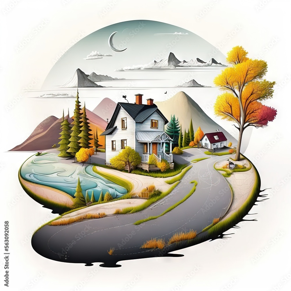 Aufkleber a house on a small island with a river and a road in the middle of it, surrounded by mountains and t