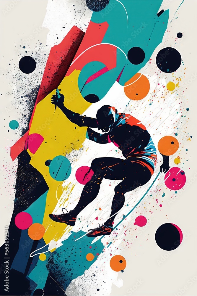 Poster a man riding a skateboard on top of a colorful wall of paint and circles on a white background with 