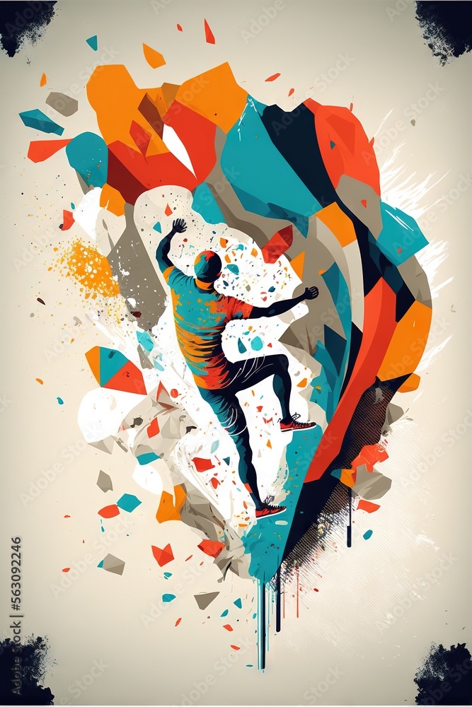 Poster a man riding a surfboard on top of a wave of paint splattered on a white background with a splash of