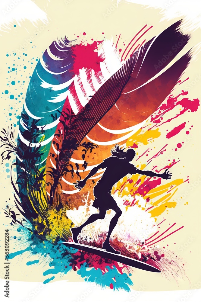 Poster a person riding a surfboard on a colorful background with paint splatters and a feather on it's tail