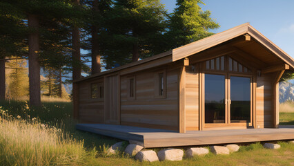 Fototapeta premium small log cabin on the outskirts, in the middle of the environment, Generative AI