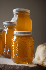 Jars with honey. A useful fortified bee product for health and beauty. Honey Bee. Front View. Illustration.