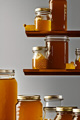 Jars with honey. A useful fortified bee product for health and beauty. Font View. Illustration. Honey Bee.