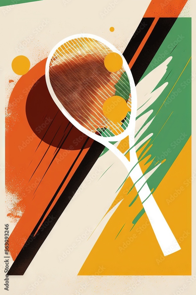 Poster a tennis racket with a colorful background and a grungy design on it's side, with a white outline on