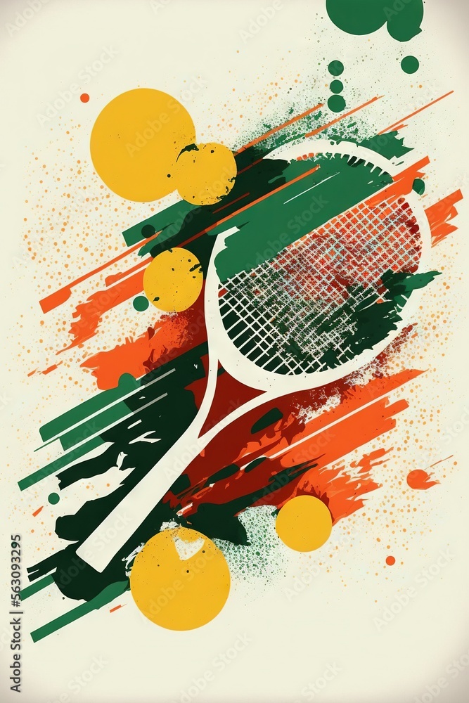 Poster a tennis racket with a splash of paint on it and a background of oranges and green circles and dots,