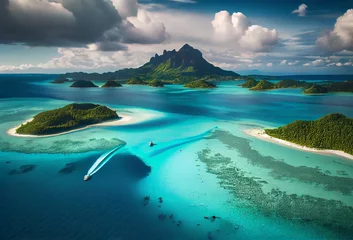 Foto op Plexiglas Bora Bora aerial view from drone. Island in French Polynesia. White sandy beach and mountain. Palm trees and blue lagoon. Generative Ai Art. © Sci-Fi Agent