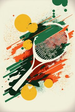  a tennis racket with a splash of paint on it and a background of oranges and green circles and dots, with a grungy effect of grunge and a white. Generative AI