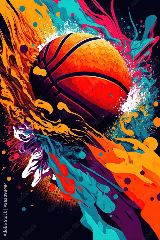 Poster a basketball with splashes and colors on it is shown in this image, it appears to be a basketball wi