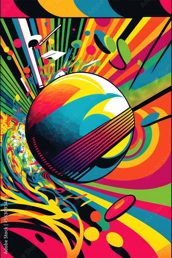 Poster a poster with a colorful background and a large object in the middle of it, with a large object in t