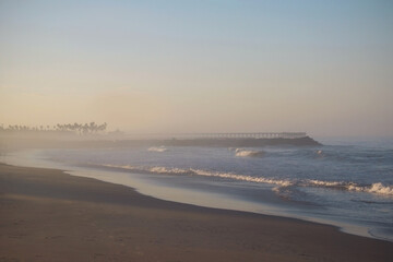  newport beach and pier  famous tourist destination in California with palm trees in early morning light of dawn