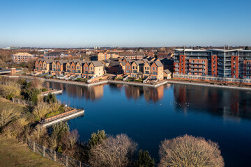 Fototapeta premium Aerial view of exclusive, waterfront property at Lakeside in Doncaster