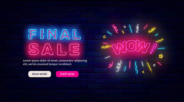Final Sale neon fler template. Website landing page. Colorful confetti firework with wow text. Vector illustration