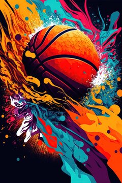  a basketball with splashes and colors on it is shown in this image, it appears to be a basketball with a splash of color on it's surface and is in the background.