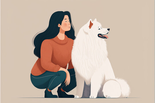 Woman with cheerful samoyed dog, looking off to the right.  Generative AI.